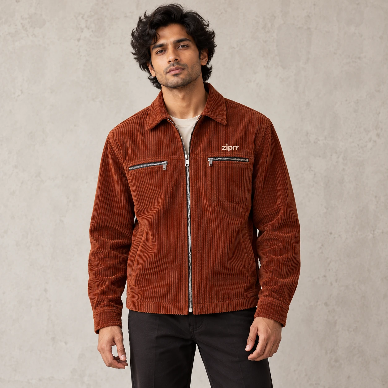 Rust Corduroy Zip Overshirt